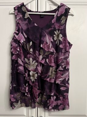 Leebe Sz XL Purple V-Neck Floral Printed Mesh Ruffle Sleeveless Tank Top/Blouse